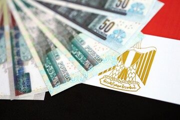 Egyptian pound currency money bills lies on flag close up. The concept of business and investment