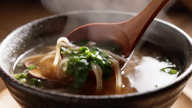 Udon soup with vegetables in a wooden bowl being stirred