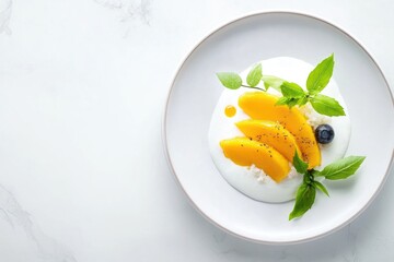 Fresh mango dessert with basil and blueberry on white plate against minimalist background