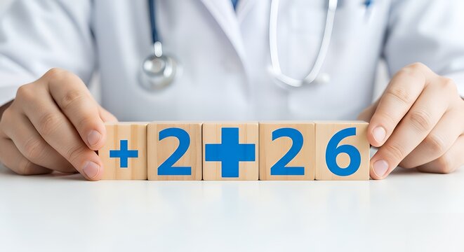 Doctor holding wooden blocks with plus sign and numbers two and six on them
