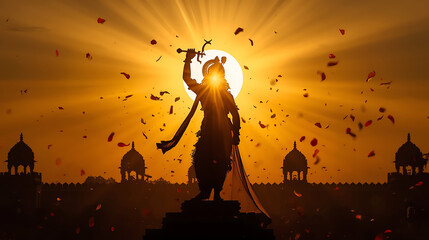 Stunning silhouette of a warrior holding sword against a dramatic sunset with falling rose petals and ancient architecture below