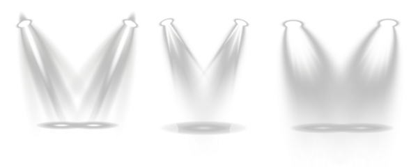 Futuristic glowing white spotlight set shining in perfect symmetry. Elegant lighting design with ambient reflections. Transparent PNG ideal for visual design use.