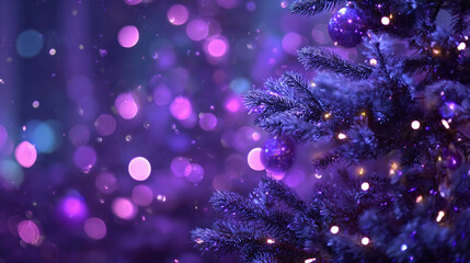 purple christmas tree background with blurred bokeh lights