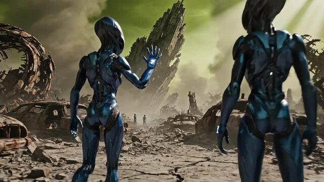 Alien Encounter in Post-Apocalyptic Wasteland - Two blue-skinned aliens stand amidst a desolate landscape of rubble and destroyed vehicles, with a ruined cityscape in the background.