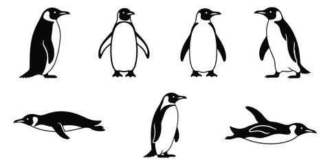 Obraz premium A collection of black and white penguin vector icons shown in various dynamic poses such as standing, walking, and swimming. This graphic set features simple, stylized arctic bird illustrations