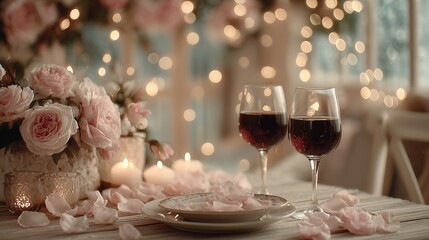 Romantic table setting with two glasses of red wine, surrounded by pink rose petals and soft candlelight, creating an intimate atmosphere for a special occasion