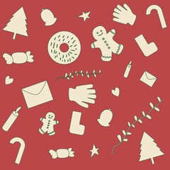 Christmas Icons Collection &ndash; Tree, Gloves, Socks, Bells, Stars, Candy Canes, Gingerbread, Donuts, Candles, Letters, Leaves & Heart Symbols