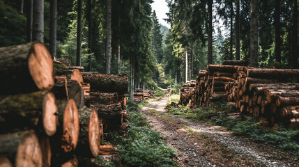 cut stacked tree logs on forest pathway