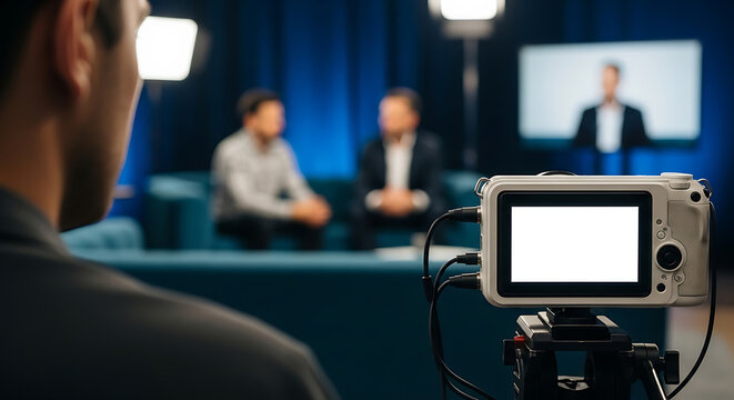 Videographer filming an interview with two businessmen in a studio with blue backdrop and bright lights, focusing on the camera with blank screen.