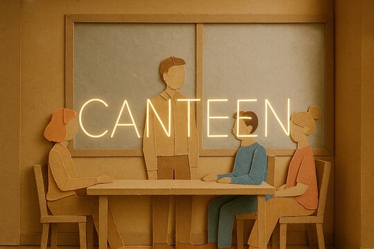 Minimal illustration of coworkers talking in office canteen under warm lighting