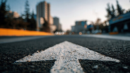 low angle of white arrow on asphalt road showing goal