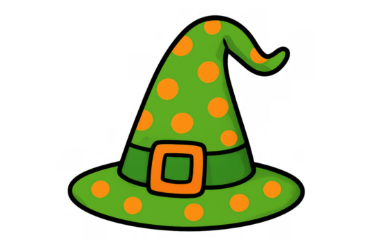 Green witch hat with orange polka dots and buckle for halloween costume party and magic trick themes