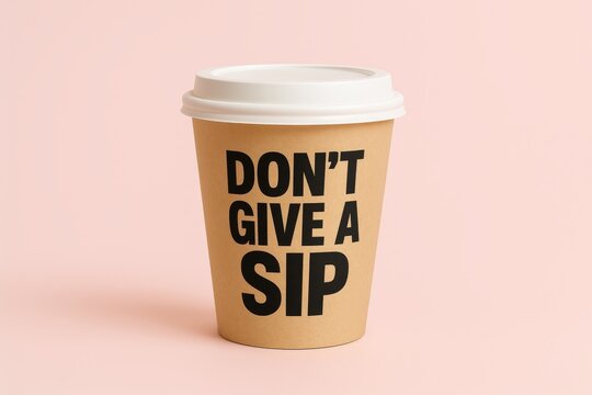 Paper coffee cup with bold black typography text don't give a sip on pastel pink background, modern minimal funny design concept.
