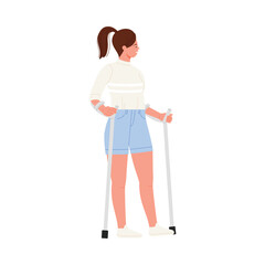 Confident young woman with disability using crutches, standing isolated on white background vector illustration