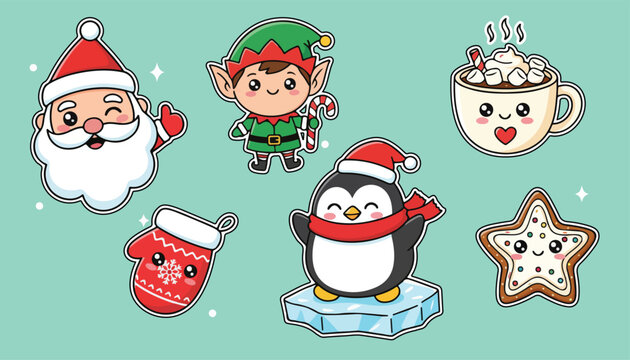 Cute kawaii Christmas character sticker collection set