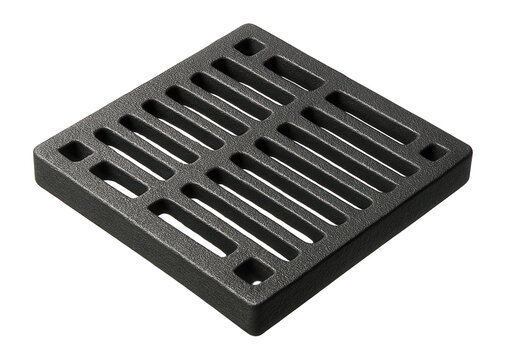 Square cast iron grate over a durable concrete rainwater catch basin for homes.