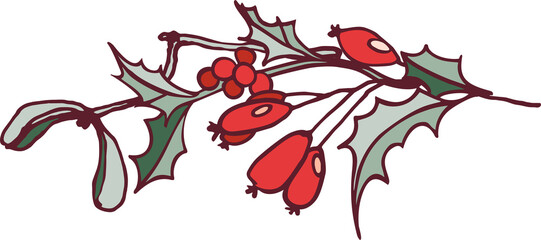 Happy New Year! Merry Christmas! Botanical clip art with a winter holiday theme in a vintage color scheme. Digital illustration with outline.