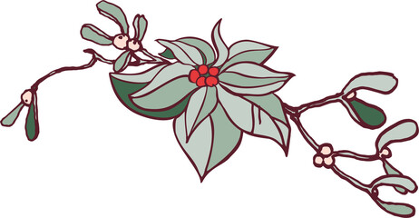 Happy New Year! Merry Christmas! Botanical clip art with a winter holiday theme in a vintage color scheme. Digital illustration with outline.