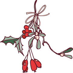 Happy New Year! Merry Christmas! Botanical clip art with a winter holiday theme in a vintage color scheme. Digital illustration with outline.