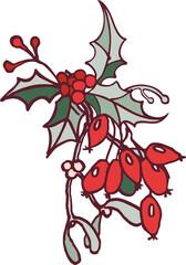 Happy New Year! Merry Christmas! Botanical clip art with a winter holiday theme in a vintage color scheme. Digital illustration with outline.