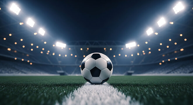 Soccer ball sitting on the center line of a soccer field with stadium lights shining in the background.