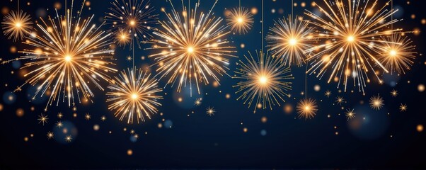 A premium background showing radiant fireworks in gold and ivory hues arching across a velvety navy