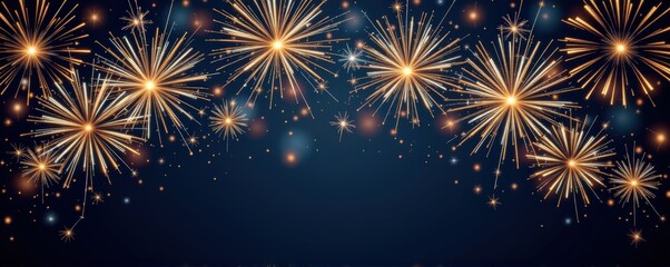 A premium background showing radiant fireworks in gold and ivory hues arching across a velvety navy