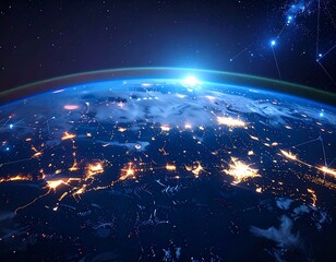 A holographic visualization of a global network with glowing connection lines and nodes