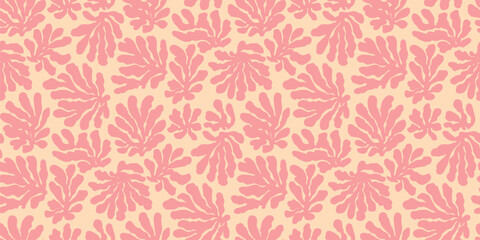 Fototapeta premium Vector seamless pattern with organic leaf shapes. Abstract baby design element background texture with botanical coral branches, foliage. Stylish pink and beige repeated design for nursery decor