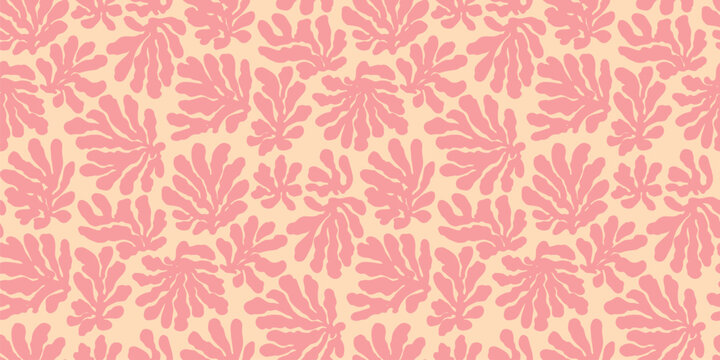 Vector seamless pattern with organic leaf shapes. Abstract baby design element background texture with botanical coral branches, foliage. Stylish pink and beige repeated design for nursery decor