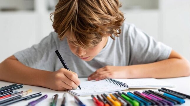 Child writing in notebook with colorful pens.