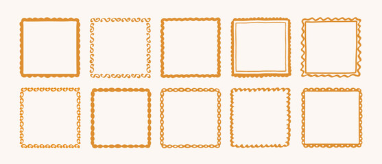 Set of hand drawn frames and borders with wave, curve lines, doodles, decorative patterns. Whimsical frames for holiday design, wedding, birthday party, greeting cards, invitations. Vector illustratio