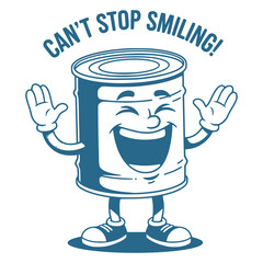 Delightful vintage illustration of a cheerful tin can mascot, arms open wide, radiating unstoppable joy and a wonderfully infectious, expressive smile