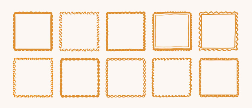 Set of hand drawn frames and borders with wave, curve lines, doodles, decorative patterns. Whimsical frames for holiday design, wedding, birthday party, greeting cards, invitations. Vector illustratio