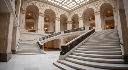 Grand marble staircase in elegant historic building with intricate architecture