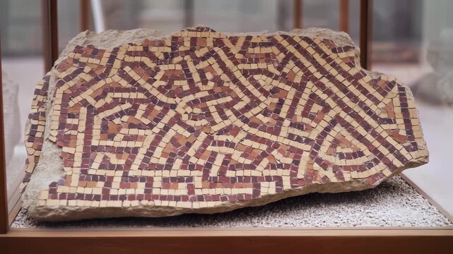 Ancient Mosaic Fragment with Geometric Pattern on Display in Museum Cabinet