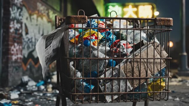 Overfilled Shopping Cart with Trash - A rusted shopping cart is overflowing with various types of trash, including plastic bottles, wrappers, and crumpled newspapers, against a gritty urban backdrop