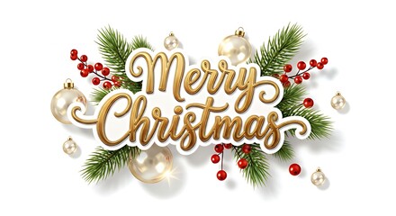 Merry christmas text with ornaments and pine branches on a white background