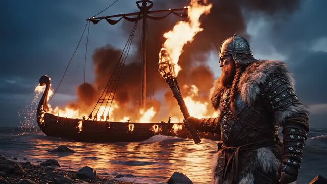 Viking Ship Funeral - A stern Viking warrior stands on a rocky shore holding a flaming torch, watching his ship burn on the sea. The dramatic scene evokes a sense of mourning and the end of an era.