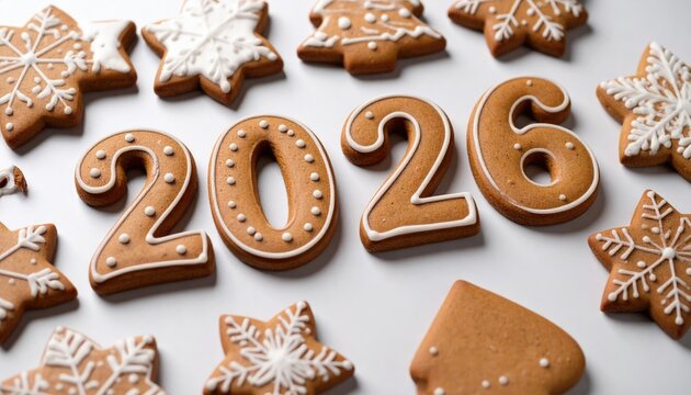 Ginger biscuits of the form of numbers and 2026 new year ginger cookies on grey background 