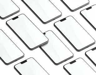 A top-down view of multiple digital devices with blank white screens, arranged on a black surface