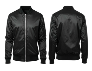 Black bomber jacket front and back view with ribbed cuffs and zip closure