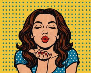 woman with red lips and closed eyes blowing a kiss, wearing polka dot dress on dotted yellow background. Generative ai vector colorful pop art illustration.