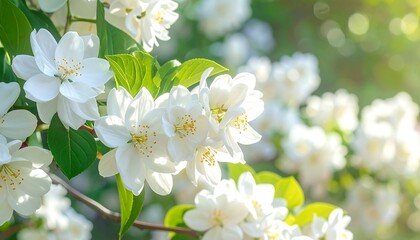 Obraz premium Blooming white flowers cluster with green leaves, bathed in warm sunlight, showcasing delicate petals and soft light
