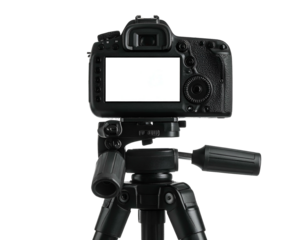 A digital SLR camera, with a blank screen, mounted on a black tripod, against a black background