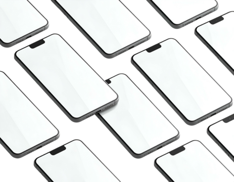 A top-down view of multiple digital devices with blank white screens, arranged on a black surface
