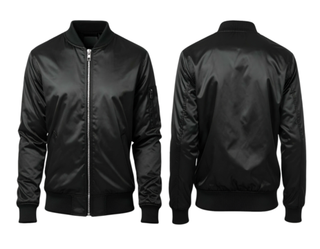 Black bomber jacket front and back view with ribbed cuffs and zip closure
