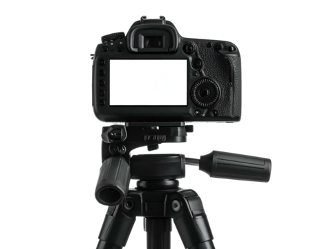 A digital SLR camera, with a blank screen, mounted on a black tripod, against a black background