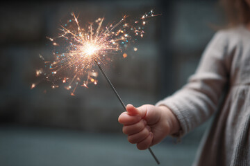 A child's small hand holding a sparkly magic wand, wide-eyed with belief in fantastical adventures and dreams.