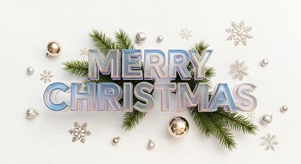 Merry christmas text with ornaments and pine branches on a white surface